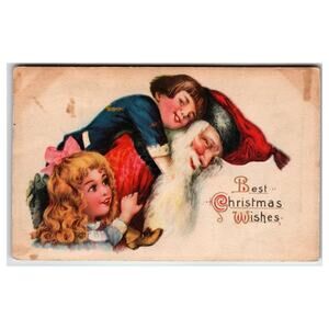 Vintage Santa Claus Christmas Postcard with Children, 1919